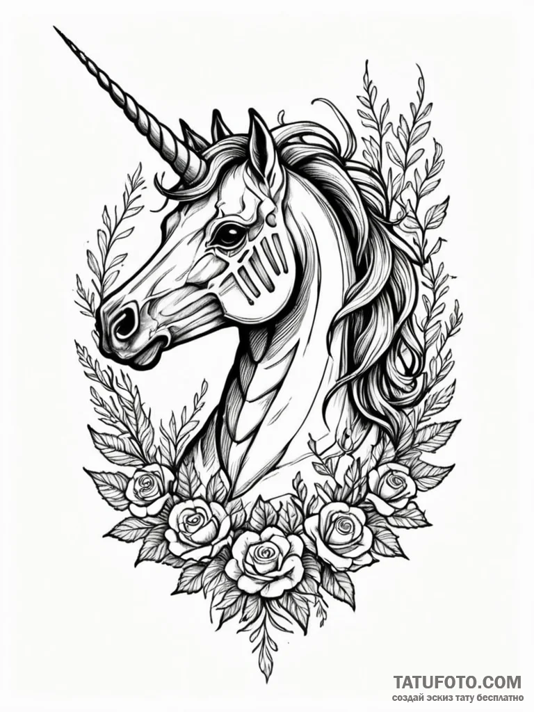 Unicorn, but as a skeleton, ink illustration… — эскиз тату (№1751784161_0, 06.07.2025 06:42) — Tatufoto.com