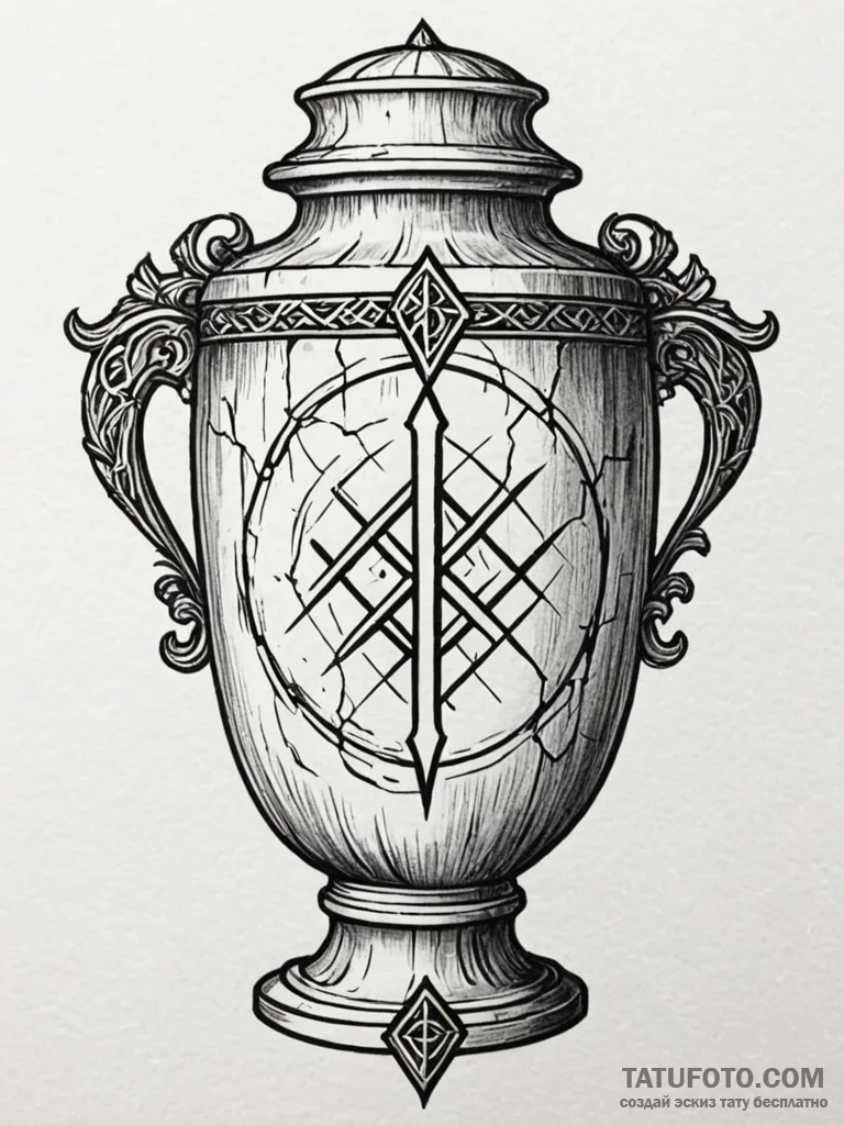 Urn cracked with glowing runes, ink illustrat... - эскиз тату (№1751784414_0, 06.07.2025 06:46) — Tatufoto.com