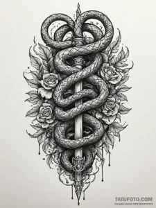 Serpent coils binding ancient blade, tattoo d... - эскиз тату (№1751784836_0, 06.07.2025 06:53) — Tatufoto.com