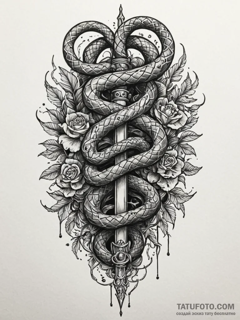 Serpent coils binding ancient blade, tattoo d... - эскиз тату (№1751784836_0, 06.07.2025 06:53) — Tatufoto.com