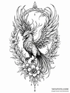 Jade phoenix rising from frozen bloom, ink il... - эскиз тату (№1751785847_0, 06.07.2025 07:10) — Tatufoto.com