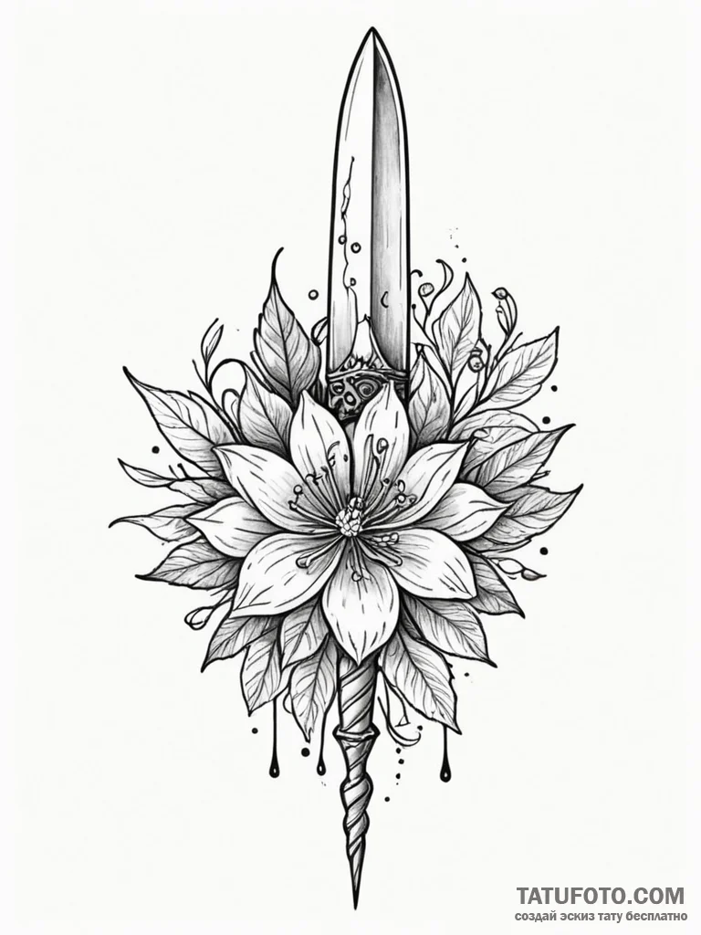 Leaf dagger beneath celestial bloom, concept... - эскиз тату (№1751786100_0, 06.07.2025 07:15) — Tatufoto.com