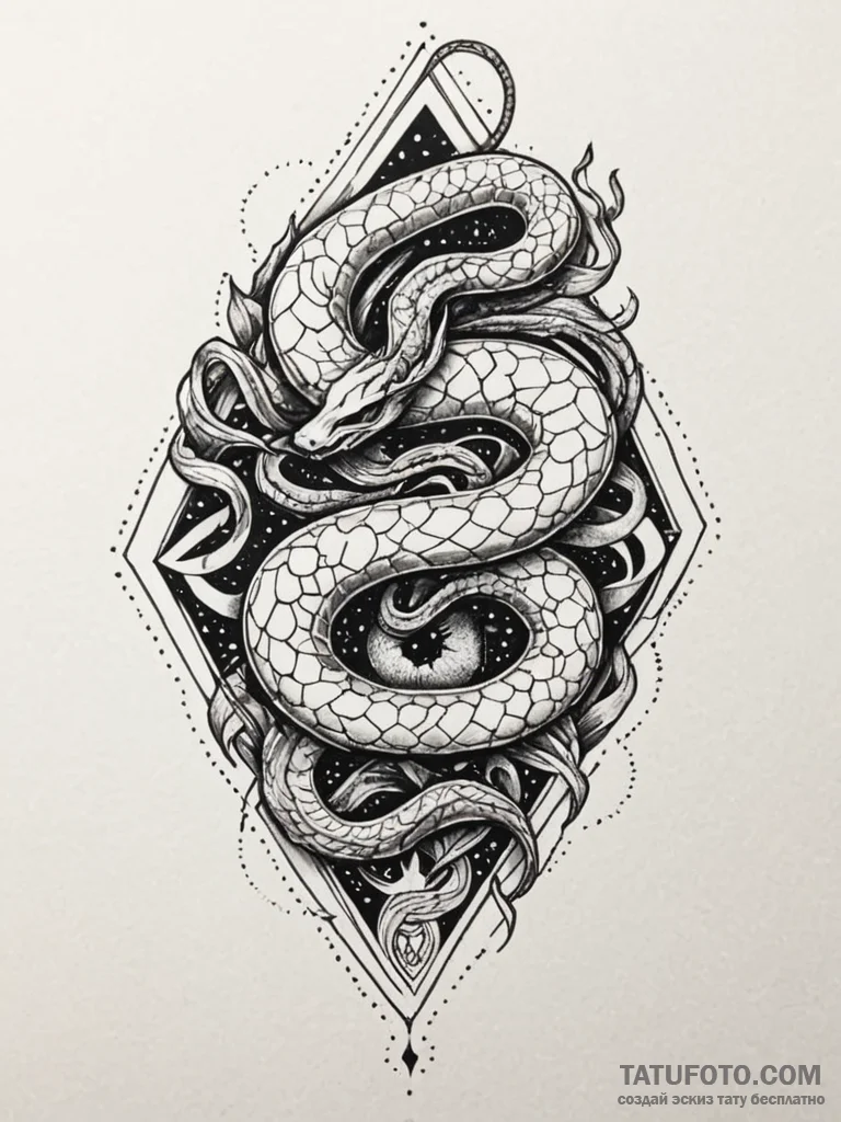 Ivory serpent devouring starlight, tattoo fla... - эскиз тату (№1751786521_0, 06.07.2025 07:22) — Tatufoto.com
