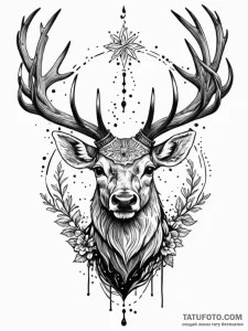 Noble stag crowned with antlers, tattoo line... - эскиз тату (№1751787366_0, 06.07.2025 07:36) — Tatufoto.com