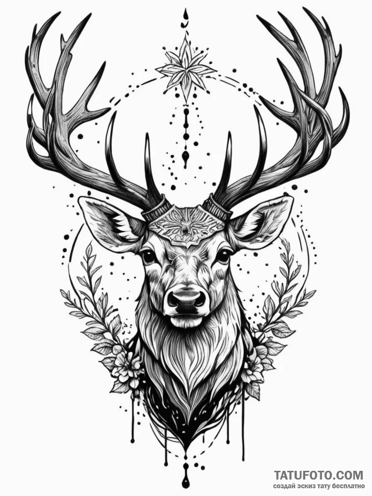 Noble stag crowned with antlers, tattoo line... - эскиз тату (№1751787366_0, 06.07.2025 07:36) — Tatufoto.com