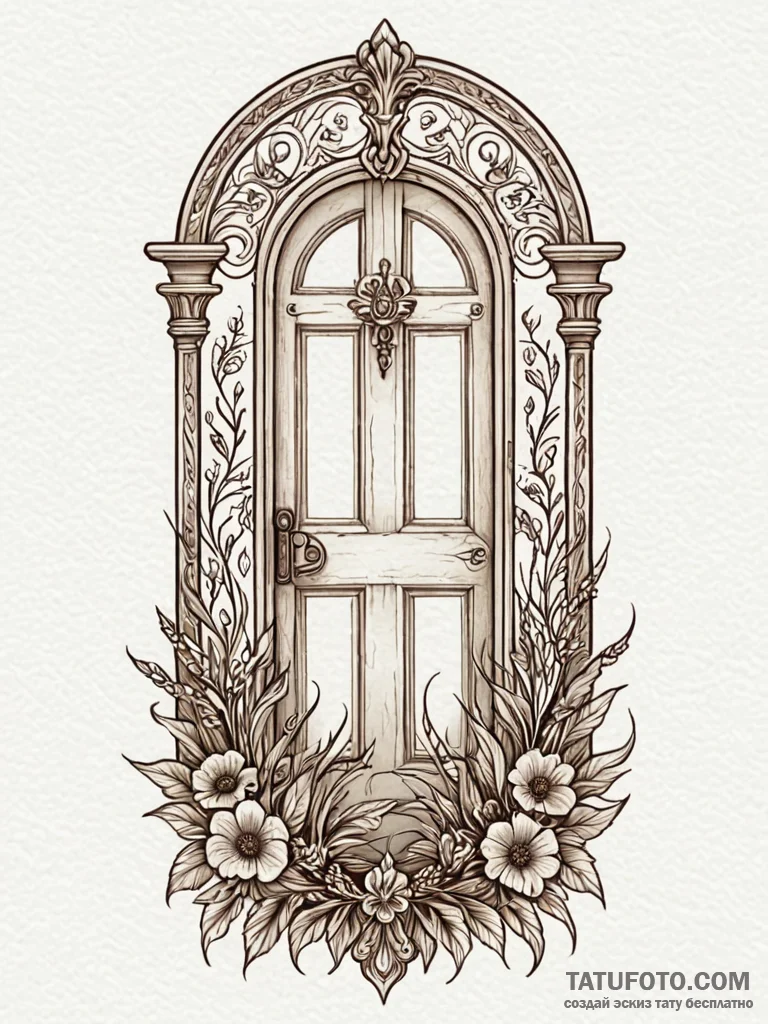 A door standing alone in a field, tattoo flas... - эскиз тату (№1751787535_0, 06.07.2025 07:38) — Tatufoto.com