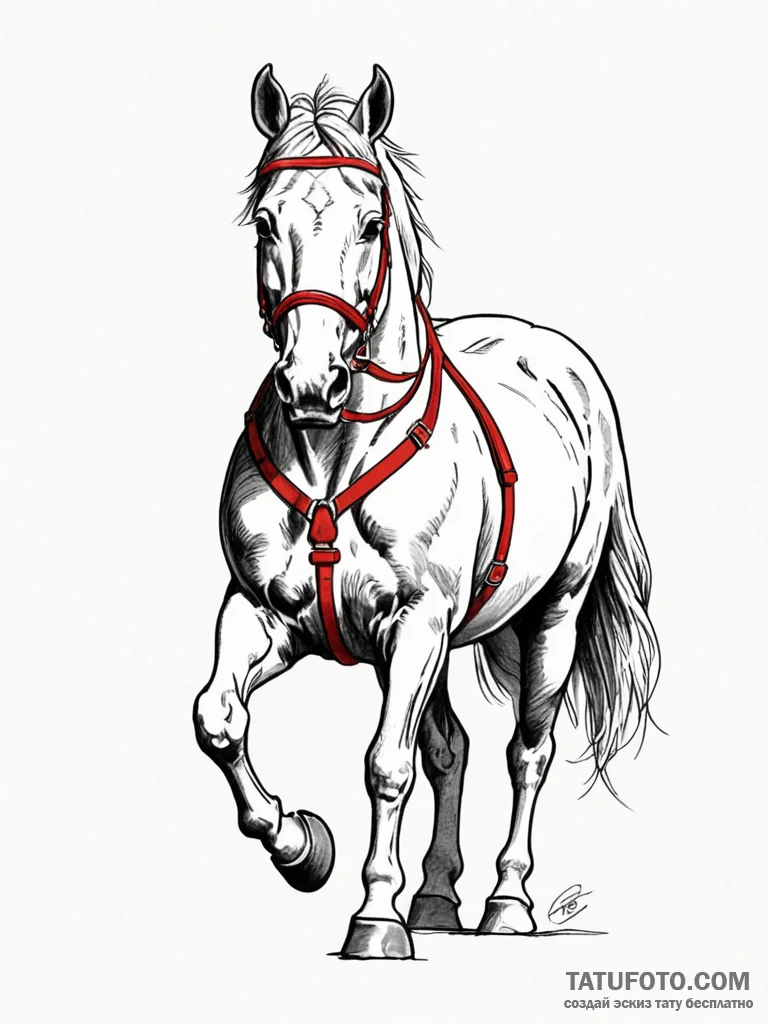 Draft horse in harness, symbolizing steady, p… — эскиз тату (№1751787874_0, 06.07.2025 07:44) — Tatufoto.com