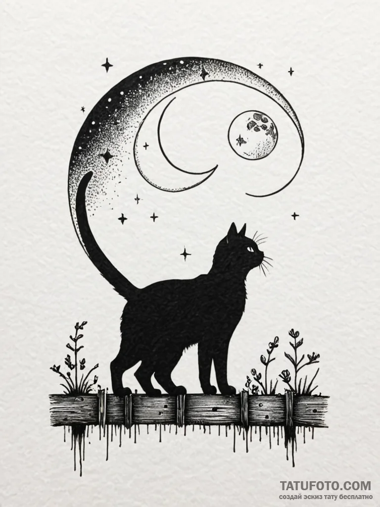 Silhouette of a cat arching its back on a fen... - эскиз тату (№1751788295_0, 06.07.2025 07:51) — Tatufoto.com