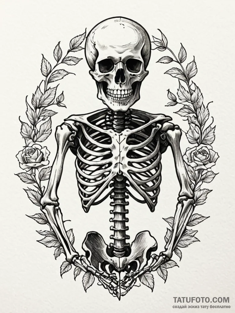 Skeleton, concept art for tattoo, sepia tone... - эскиз тату (№1751788549_0, 06.07.2025 07:55) — Tatufoto.com