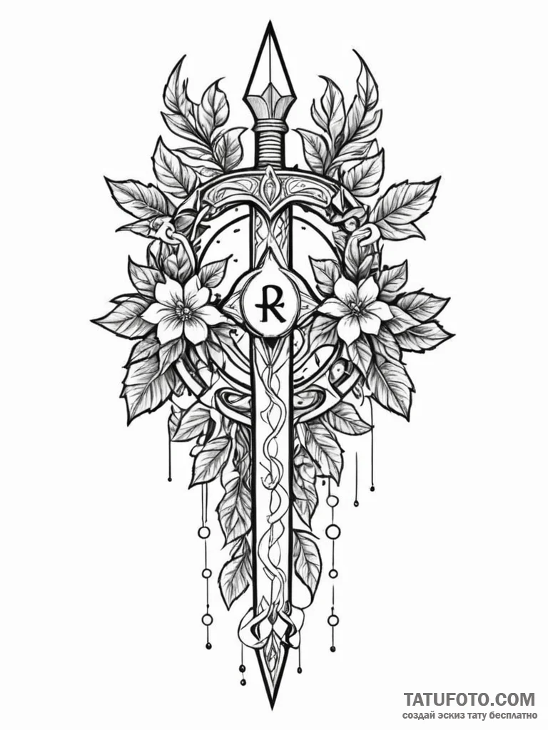 Rune dagger crowned in ivy, tattoo line art,... - эскиз тату (№1751789222_0, 06.07.2025 08:07) — Tatufoto.com