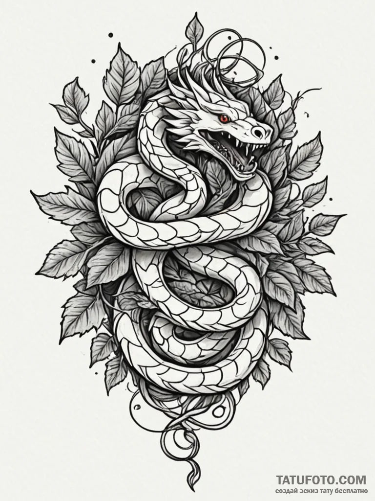 Ice serpent crowned with ivy, tattoo drawing... - эскиз тату (№1751789391_0, 06.07.2025 08:09) — Tatufoto.com