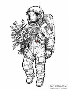Astronaut holding a bouquet of flowers - эскиз тату (№1751789559_0, 06.07.2025 08:12) — Tatufoto.com