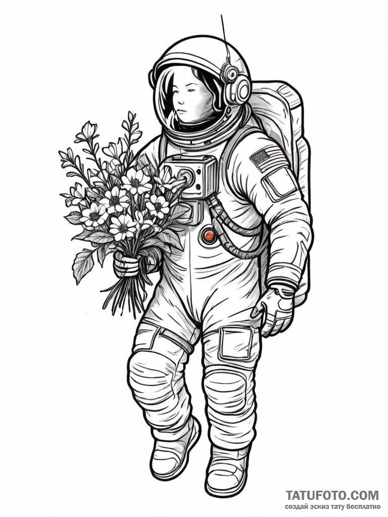 Astronaut holding a bouquet of flowers - эскиз тату (№1751789559_0, 06.07.2025 08:12) — Tatufoto.com