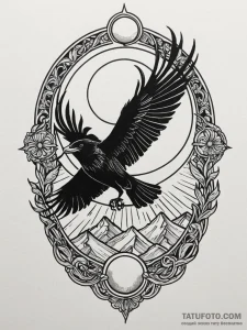 Storm raven beneath eclipsed sun, artistic ta... - эскиз тату (№1751790100_0, 06.07.2025 08:21) — Tatufoto.com