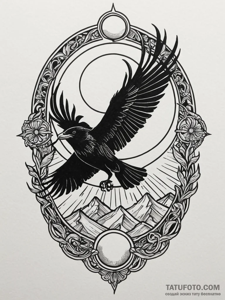 Storm raven beneath eclipsed sun, artistic ta... - эскиз тату (№1751790100_0, 06.07.2025 08:21) — Tatufoto.com