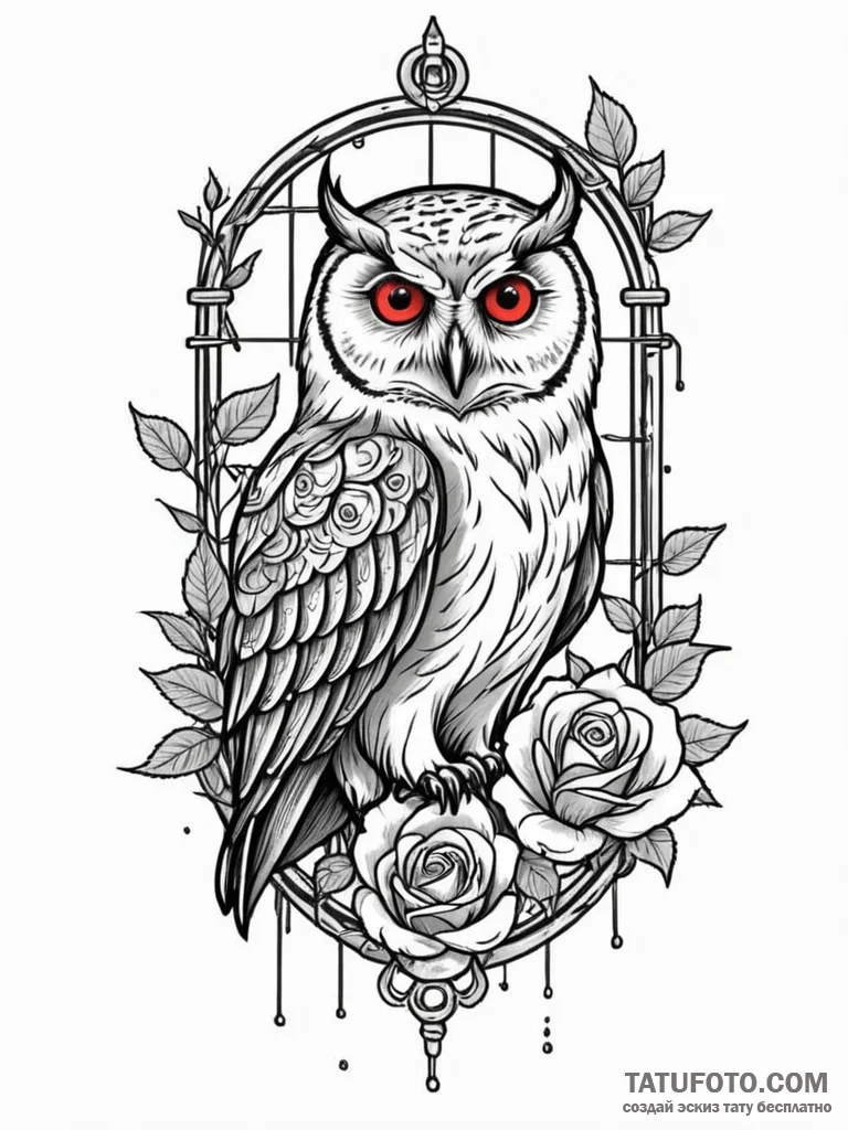 Owl perched on rusted cage, concept art for t… — эскиз тату (№1751790476_0, 06.07.2025 08:27) — Tatufoto.com