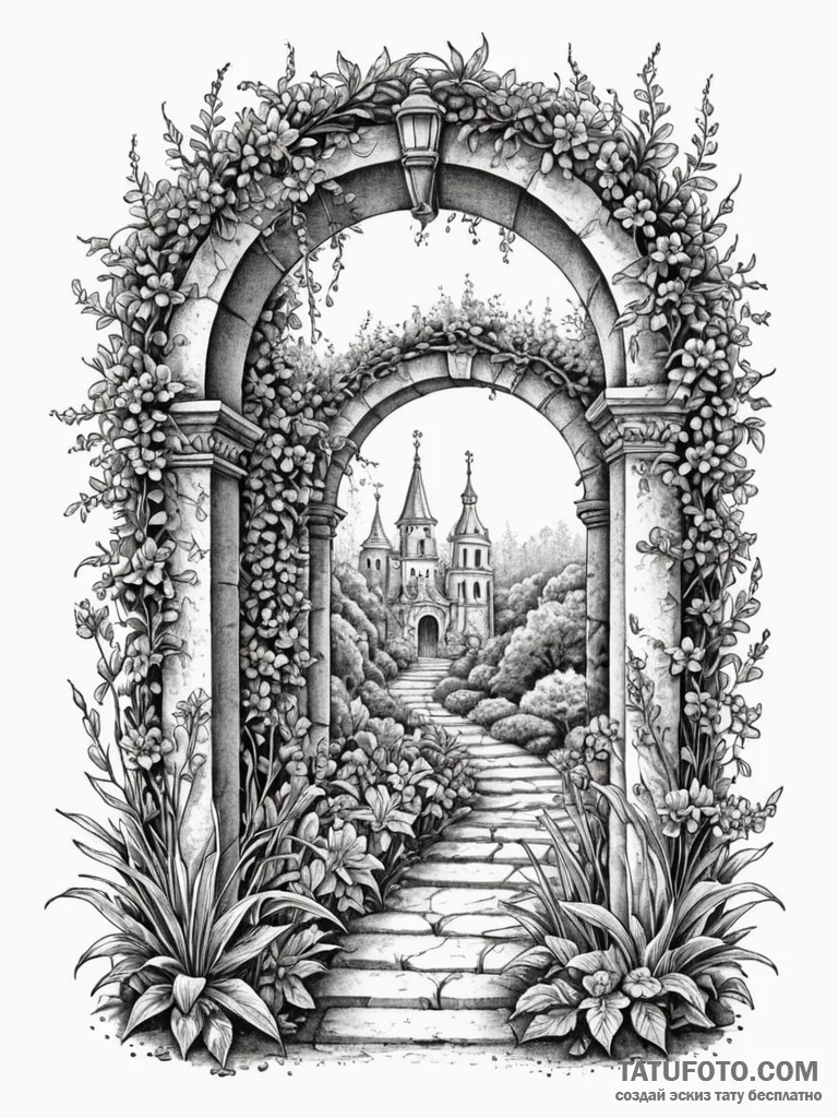 An archway leading into a hidden, lush secret... - эскиз тату (№1751790643_0, 06.07.2025 08:30) — Tatufoto.com