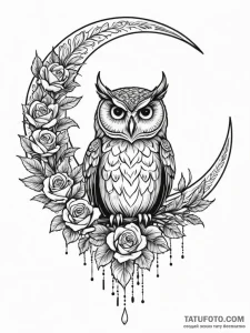 Owl feathers beneath crescent moon, tattoo dr... - эскиз тату (№1751790727_0, 06.07.2025 08:32) — Tatufoto.com