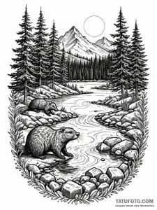 A watchful beaver building a dam, nature scen... - эскиз тату (№1751791064_0, 06.07.2025 08:37) — Tatufoto.com