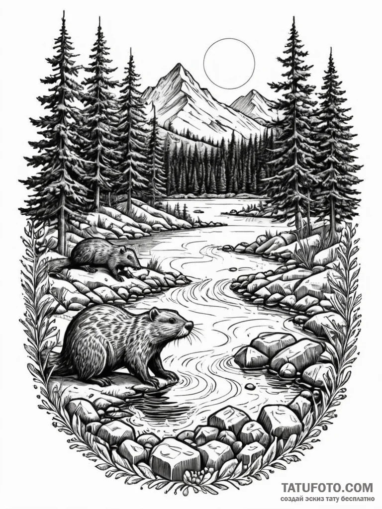 A watchful beaver building a dam, nature scen... - эскиз тату (№1751791064_0, 06.07.2025 08:37) — Tatufoto.com