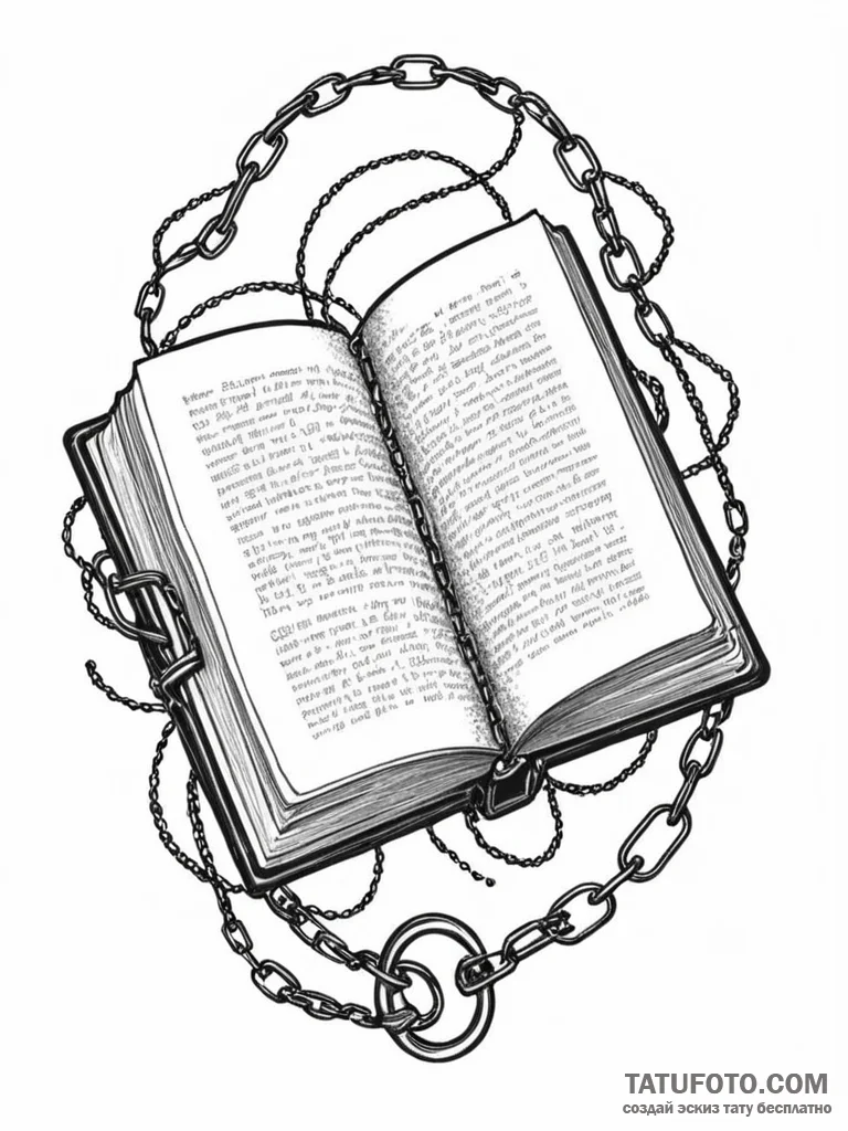 Broken tome bound in chain, concept art for t... - эскиз тату (№1751791147_0, 06.07.2025 08:39) — Tatufoto.com