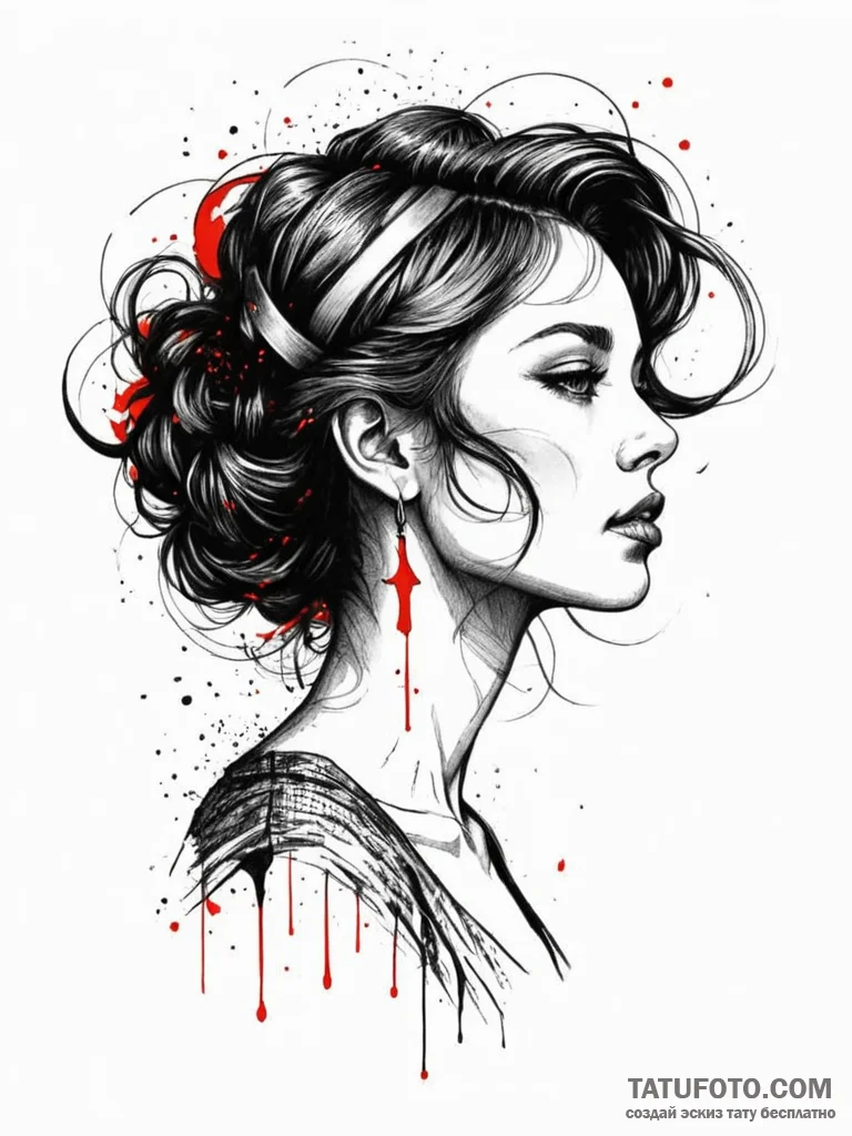 Female silhouette in profile, her hair a flow... - эскиз тату (№1751791568_0, 06.07.2025 08:46) — Tatufoto.com