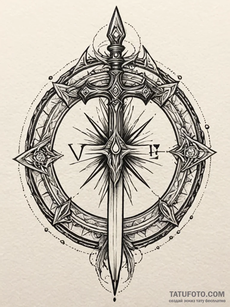 Dagger in ritual circle, tattoo line art, on… — эскиз тату (№1751792242_0, 06.07.2025 08:57) — Tatufoto.com