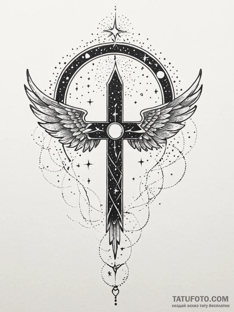 Umbra wings beneath celestial arch, ink illus... - эскиз тату (№1751792411_0, 06.07.2025 09:00) — Tatufoto.com