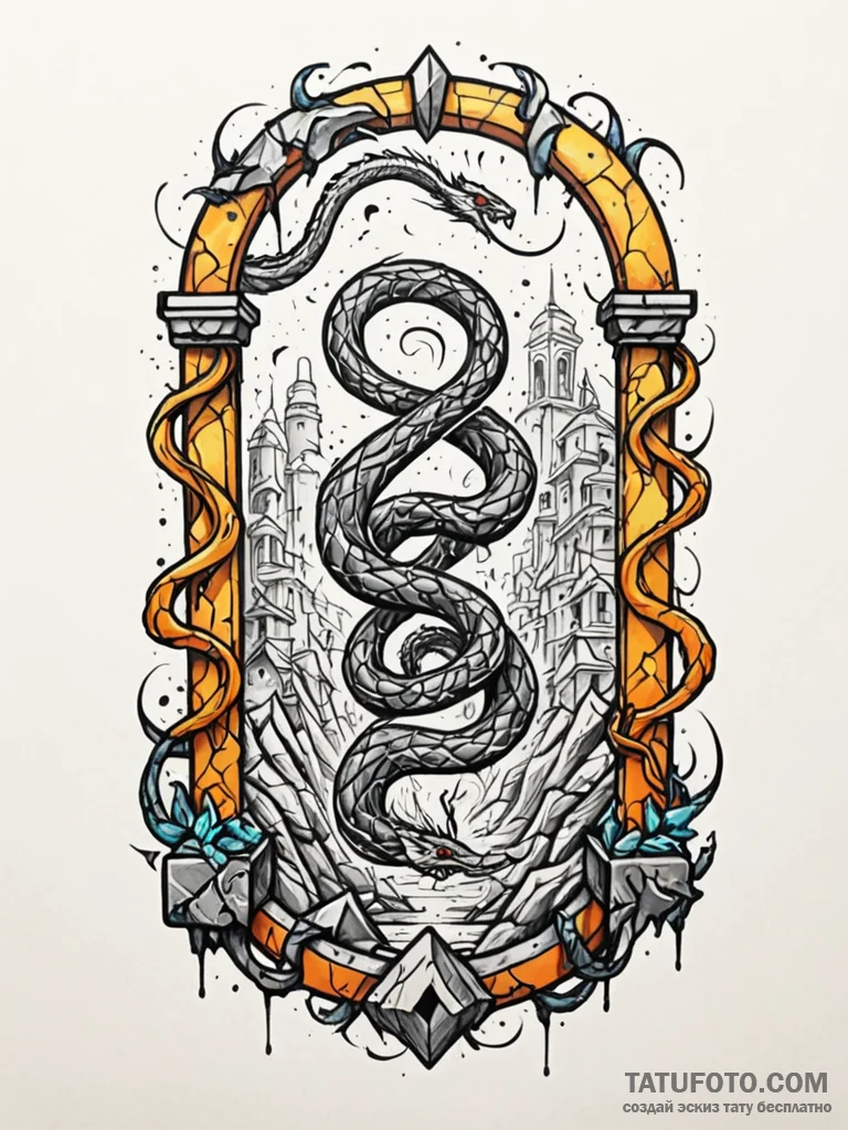 Quartz serpent beneath shattered gate, tattoo... - эскиз тату (№1751792579_0, 06.07.2025 09:02) — Tatufoto.com