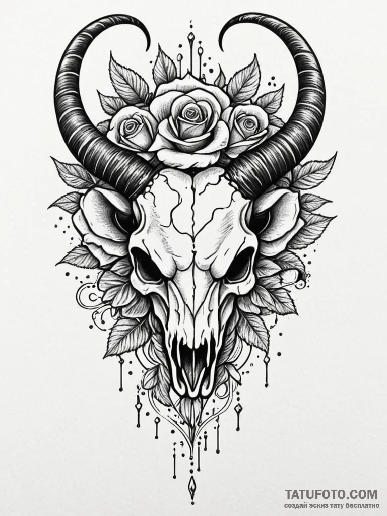 Ram's skull with ornate, swirling horns, arti... - эскиз тату (№1751793597_0, 06.07.2025 09:19) — Tatufoto.com