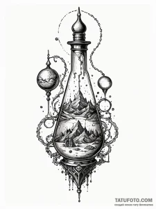 Alchemist with floating vials, artistic tatto... - эскиз тату (№1751793682_0, 06.07.2025 09:21) — Tatufoto.com