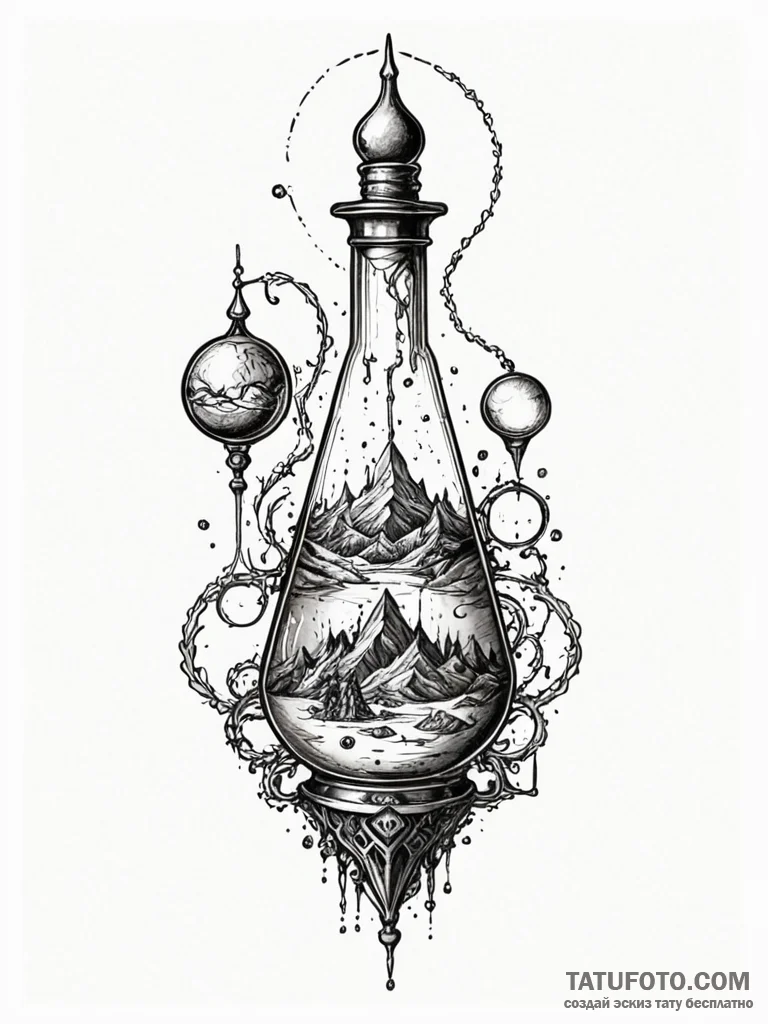 Alchemist with floating vials, artistic tatto... - эскиз тату (№1751793682_0, 06.07.2025 09:21) — Tatufoto.com