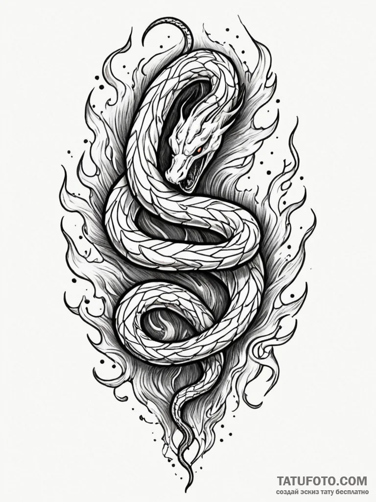 Locked serpent devouring flame, tattoo line a... - эскиз тату (№1751794357_0, 06.07.2025 09:32) — Tatufoto.com