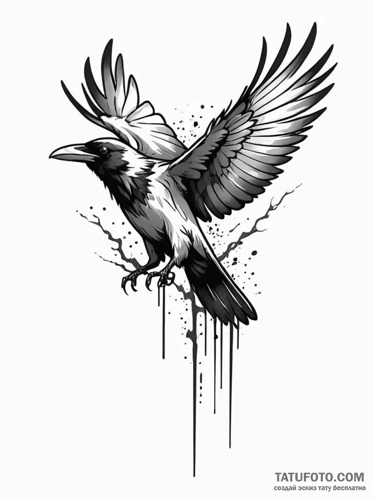 Animated raven dissolving into mist, tattoo s... - эскиз тату (№1751794696_0, 06.07.2025 09:38) — Tatufoto.com
