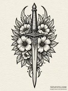 Leaf-shaped dagger through bloom, tattoo sket... - эскиз тату (№1751795283_0, 06.07.2025 09:48) — Tatufoto.com