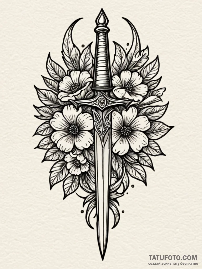 Leaf-shaped dagger through bloom, tattoo sket... - эскиз тату (№1751795283_0, 06.07.2025 09:48) — Tatufoto.com