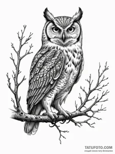 Owl perched on skeletal branch, artistic tatt... - эскиз тату (№1751795535_0, 06.07.2025 09:52) — Tatufoto.com