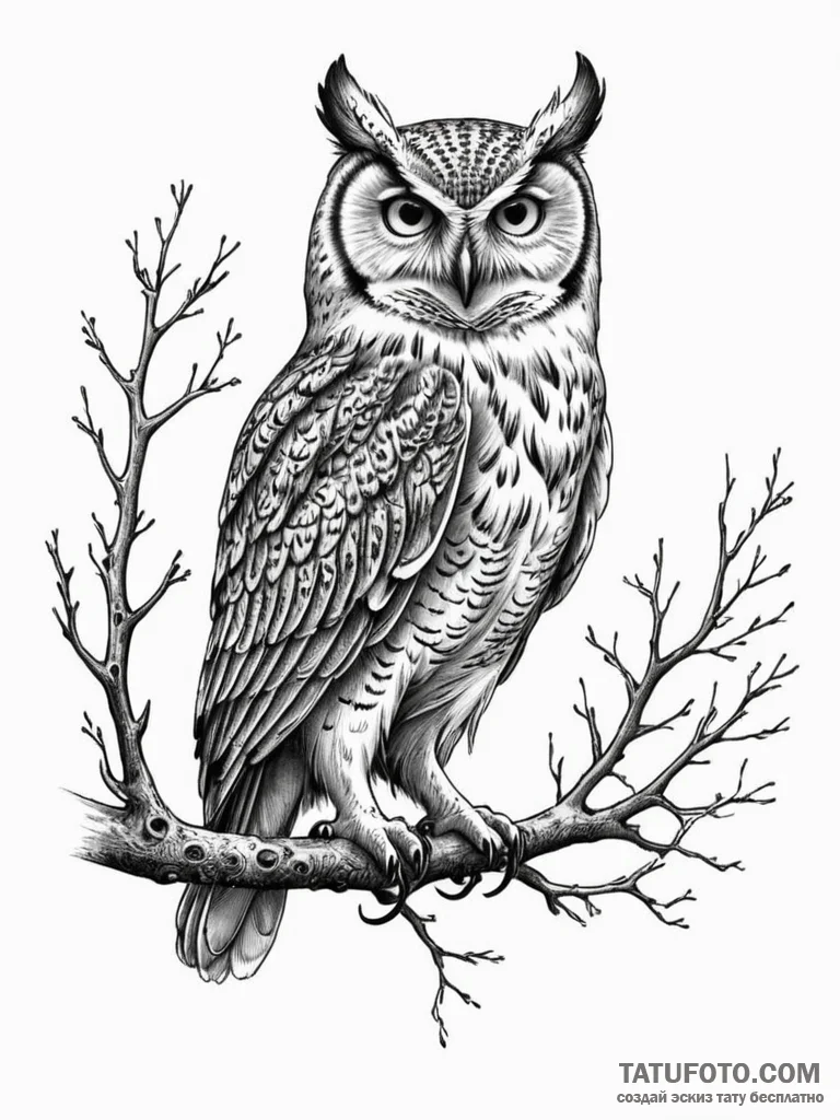 Owl perched on skeletal branch, artistic tatt... - эскиз тату (№1751795535_0, 06.07.2025 09:52) — Tatufoto.com