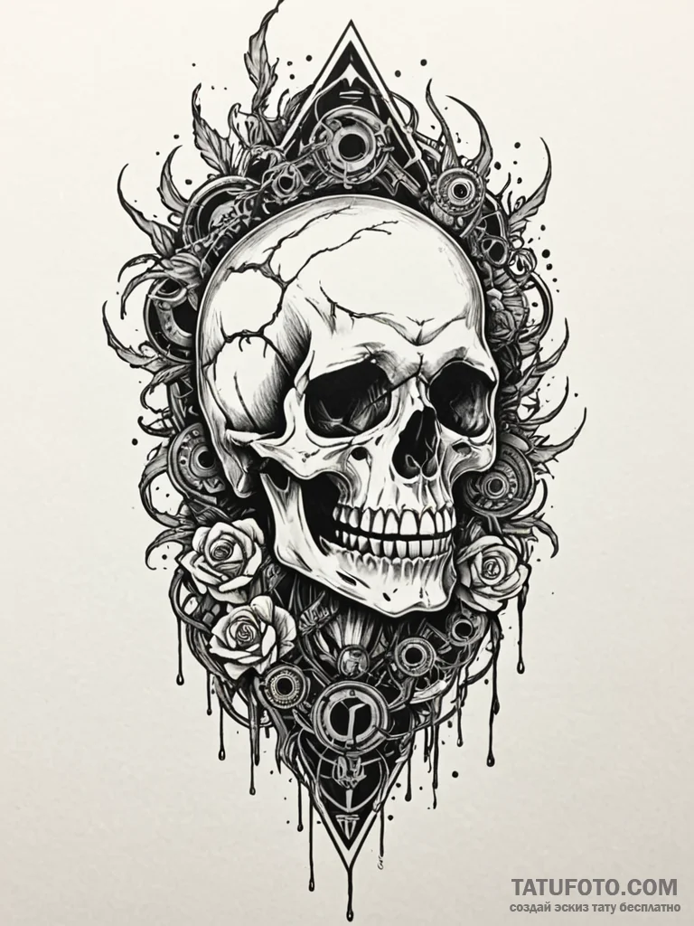 Industrial hydraulic press crushing a skull,… — эскиз тату (№1751795786_0, 06.07.2025 09:56) — Tatufoto.com