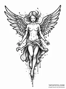 Angel flying in stormy sky, tattoo line art,... - эскиз тату (№1751796546_0, 06.07.2025 10:09) — Tatufoto.com