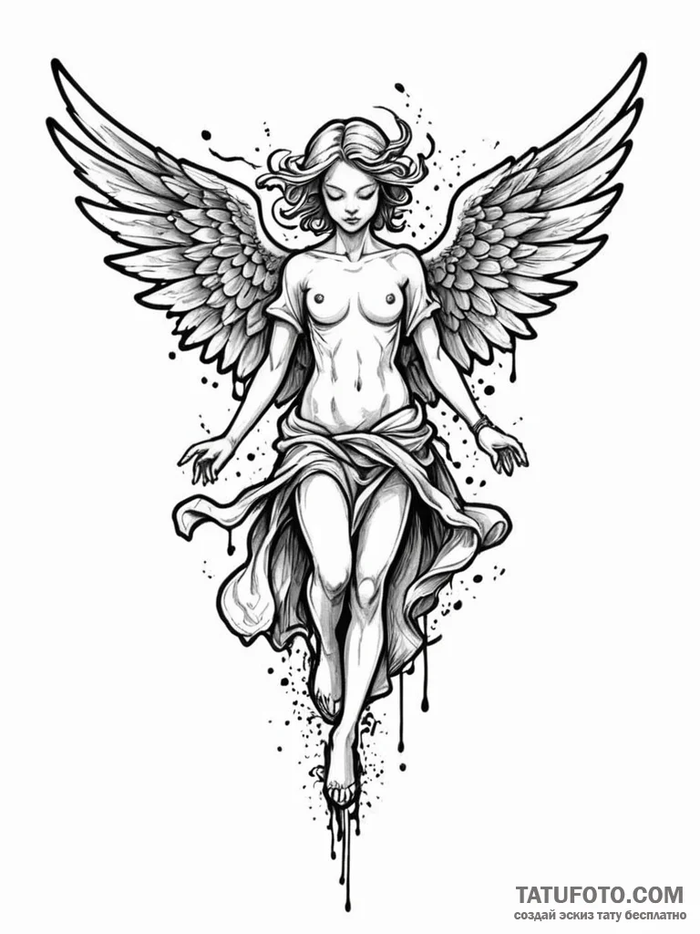 Angel flying in stormy sky, tattoo line art,... - эскиз тату (№1751796546_0, 06.07.2025 10:09) — Tatufoto.com