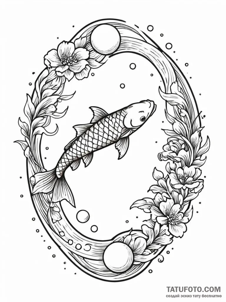 Koi fish circling celestial orb, tattoo sketc… — эскиз тату (№1751796803_0, 06.07.2025 10:13) — Tatufoto.com