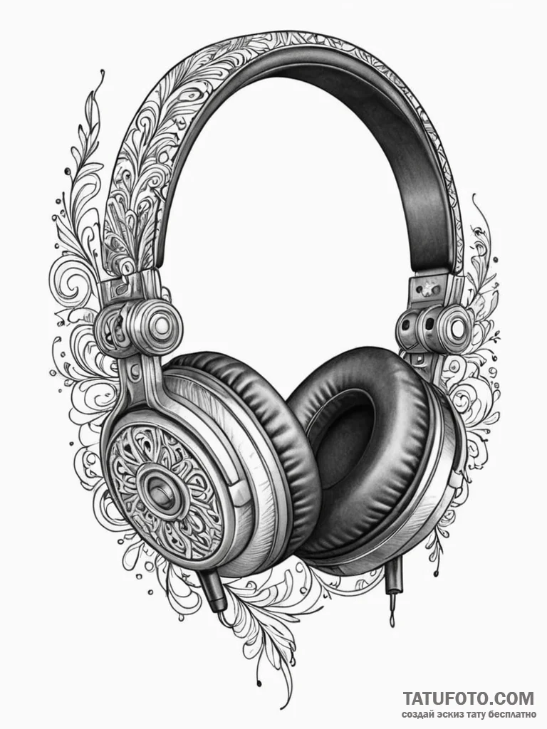 Headphones, concept art for tattoo, on a clea... - эскиз тату (№1751797570_0, 06.07.2025 10:26) — Tatufoto.com