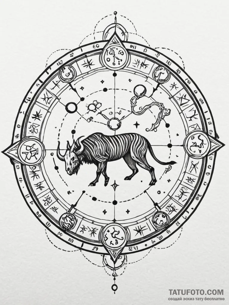 Zodiac wheel with constellations as skeletal… — эскиз тату (№1751797653_0, 06.07.2025 10:27) — Tatufoto.com