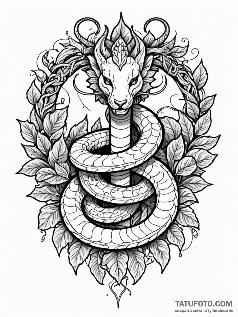 Oracle serpent crowned in ivy, tattoo line ar... - эскиз тату (№1751797908_0, 06.07.2025 10:31) — Tatufoto.com