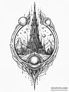 Orb spinning through shattered spire, tattoo... - эскиз тату (№1751799450_0, 06.07.2025 10:57) — Tatufoto.com