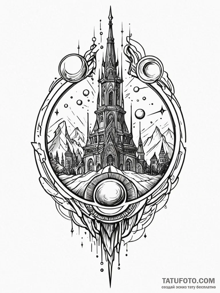 Orb spinning through shattered spire, tattoo… — эскиз тату (№1751799450_0, 06.07.2025 10:57) — Tatufoto.com