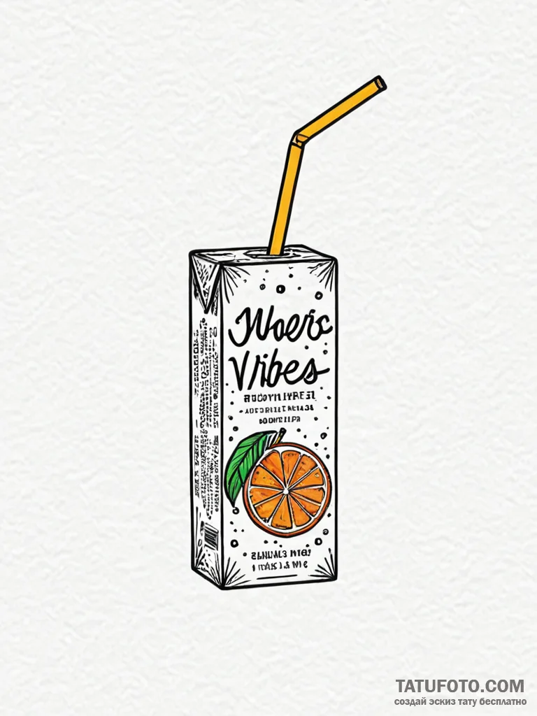 Juice box with a straw, label '100% vibes', i... - эскиз тату (№1751799705_0, 06.07.2025 11:01) — Tatufoto.com