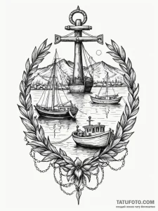 Harbor scene with boats at anchor, representi... - эскиз тату (№1751800556_0, 06.07.2025 11:15) — Tatufoto.com