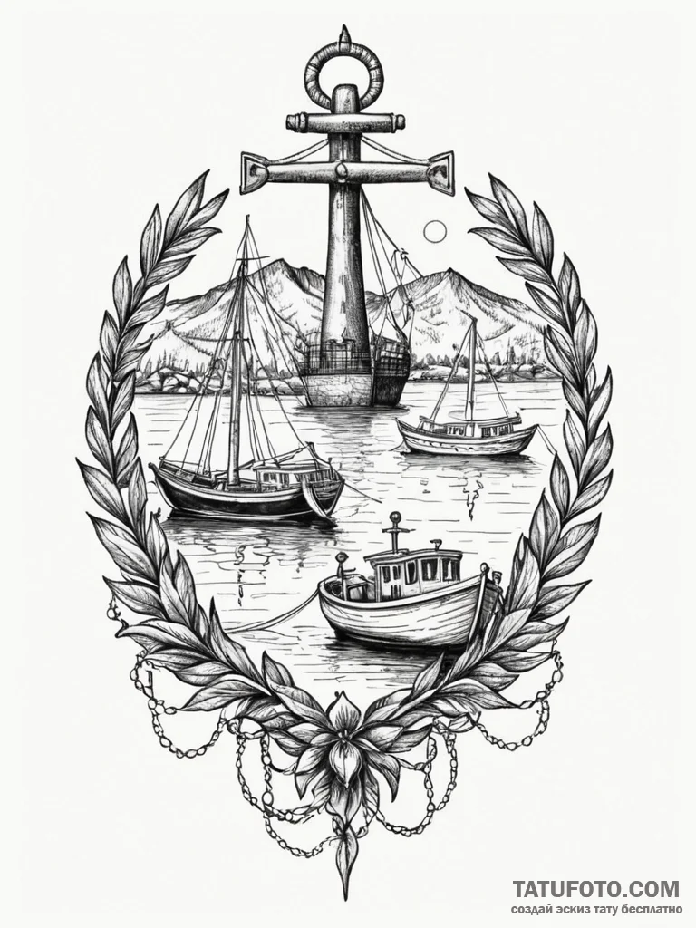 Harbor scene with boats at anchor, representi... - эскиз тату (№1751800556_0, 06.07.2025 11:15) — Tatufoto.com